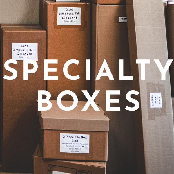 Various specialty moving boxes including wardrobe and dish pack boxes